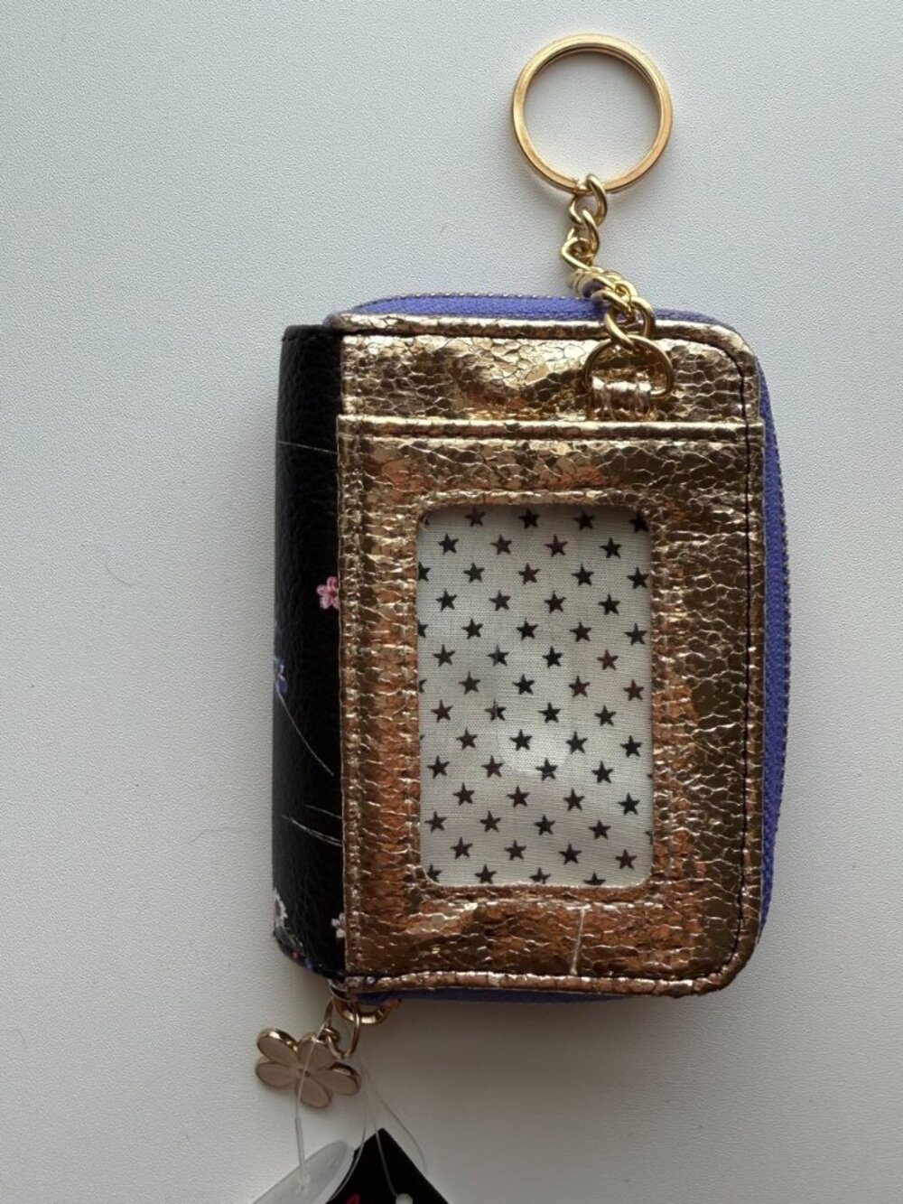 Floral Mini Wallet Keychain Black Gold Card Holder Coin Purse Compact